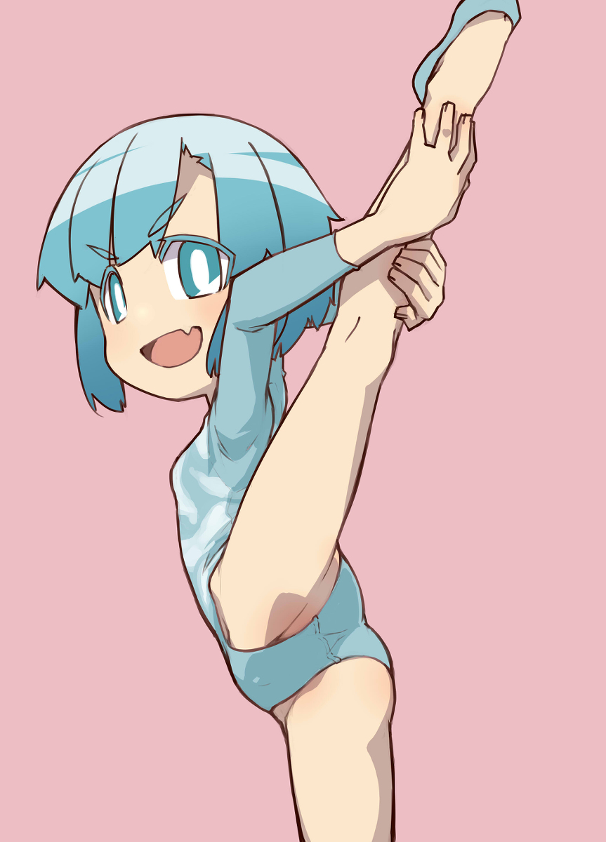 1girl, aqua_eyes, aqua_hair, aqua_leotard, arms_behind_back, arms_behind_head, bad_id, bad_pixiv_id, breasts, fang, female_focus, flexible, from_side, gymnast_leotard, highres, holding, leaning_forward, leg_hold, leg_lift, leg_up, leotard, long_sleeves, looking_at_viewer, looking_to_the_side, ogihara_mach, open_mouth, petite, pink_background, shoes, short_hair, simple_background, skin_fang, small_breasts, smile, smug, solo, standing, standing_on_one_leg, tomboy, ueno-san_wa_bukiyou, unogawa