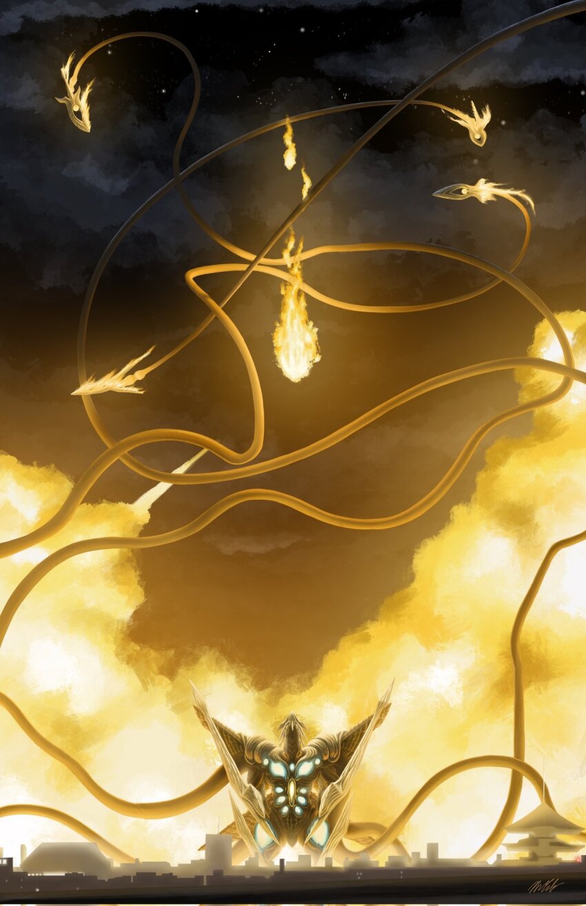 arm_blade, artist_name, bioluminescence, blocking, breath_weapon, buddhism, buddhist_temple, building