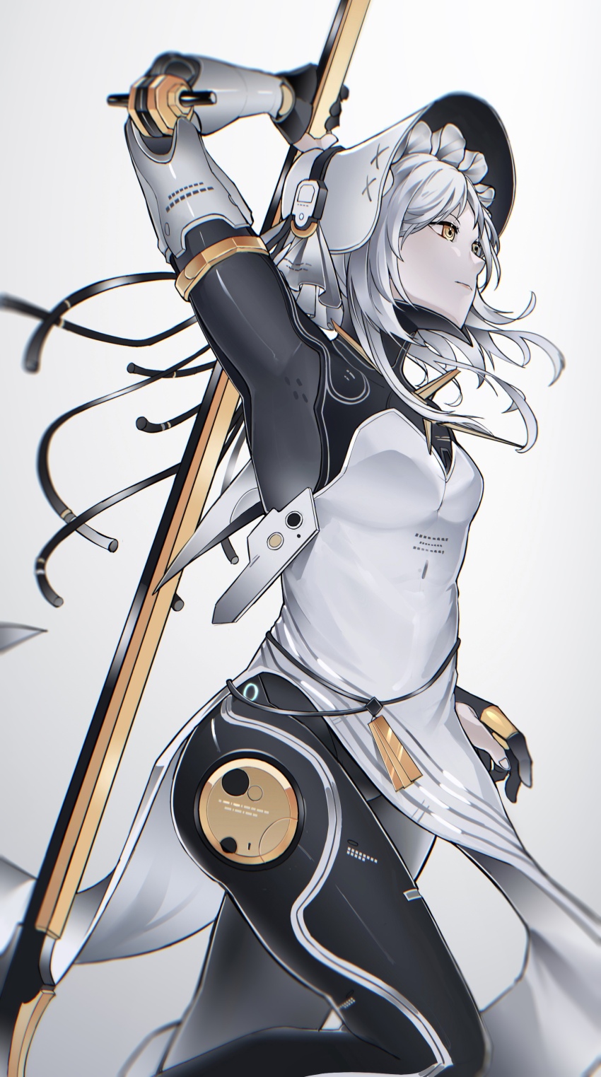 1girl, absurdres, bonnet, colored_skin, frilled_bonnet, frills, grey_hair, grey_skin