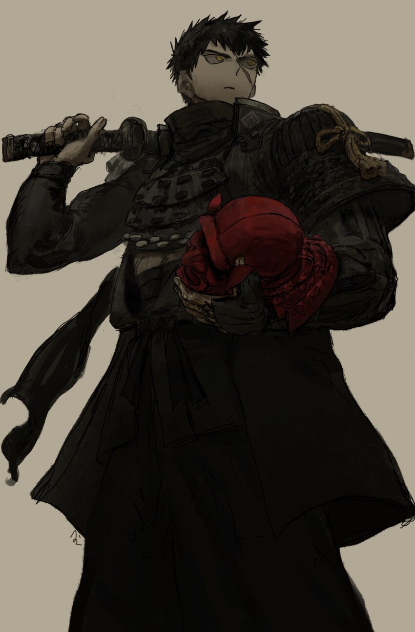 1boy, absurdres, armor, black_hair, doudanuki_masakuni, facial_scar, feet_out_of_frame, from_below
