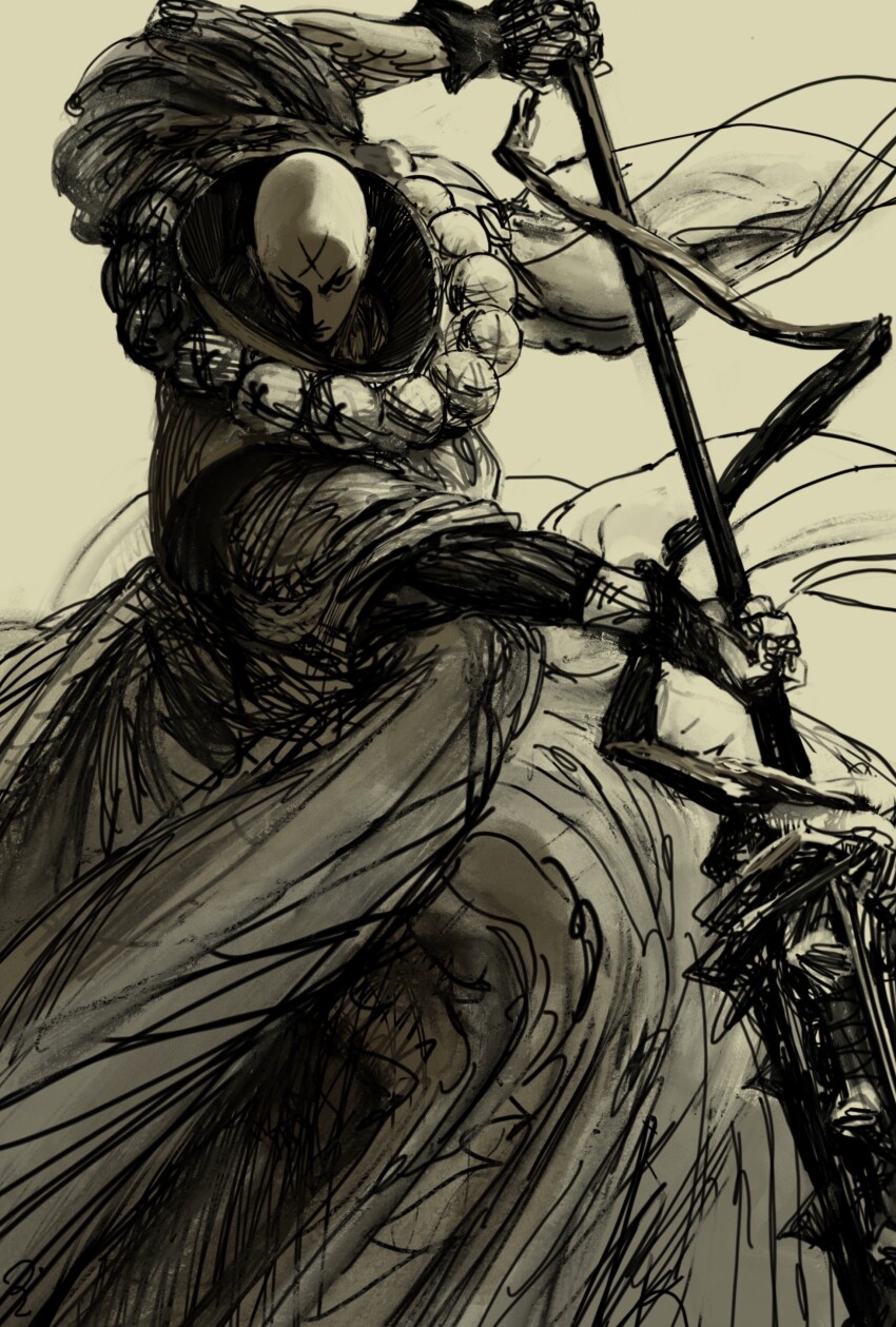 1boy, absurdres, bald, bead_necklace, beads, cross_scar, fate/grand_order, fate_(series)