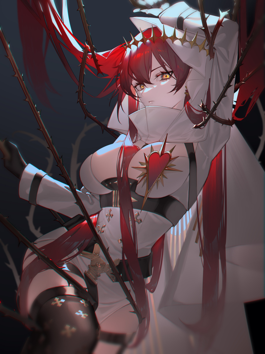 1girl, absurdres, alchemy_stars, arm_up, belt, black_gloves, black_thighhighs, blurry