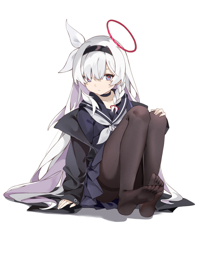 1girl, absurdres, arm_support, black_choker, black_coat, black_eyes, black_hairband, black_pantyhose