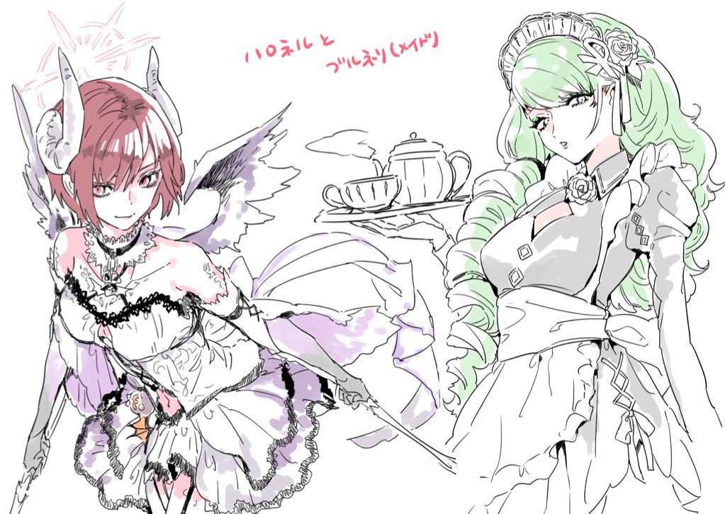 2girls, breasts, closed_mouth, commentary, fiore_brunelli, gloves, green_hair, in-franchise_crossover, kisaragi_koubana, long_hair, looking_at_viewer, maid, medium_breasts, multiple_girls, navel, nel_zelpher, red_hair, short_hair, simple_background, skirt, smile, star_ocean, star_ocean:_anamnesis, star_ocean:_integrity_and_faithlessness, star_ocean:_till_the_end_of_time, tattoo, white_background