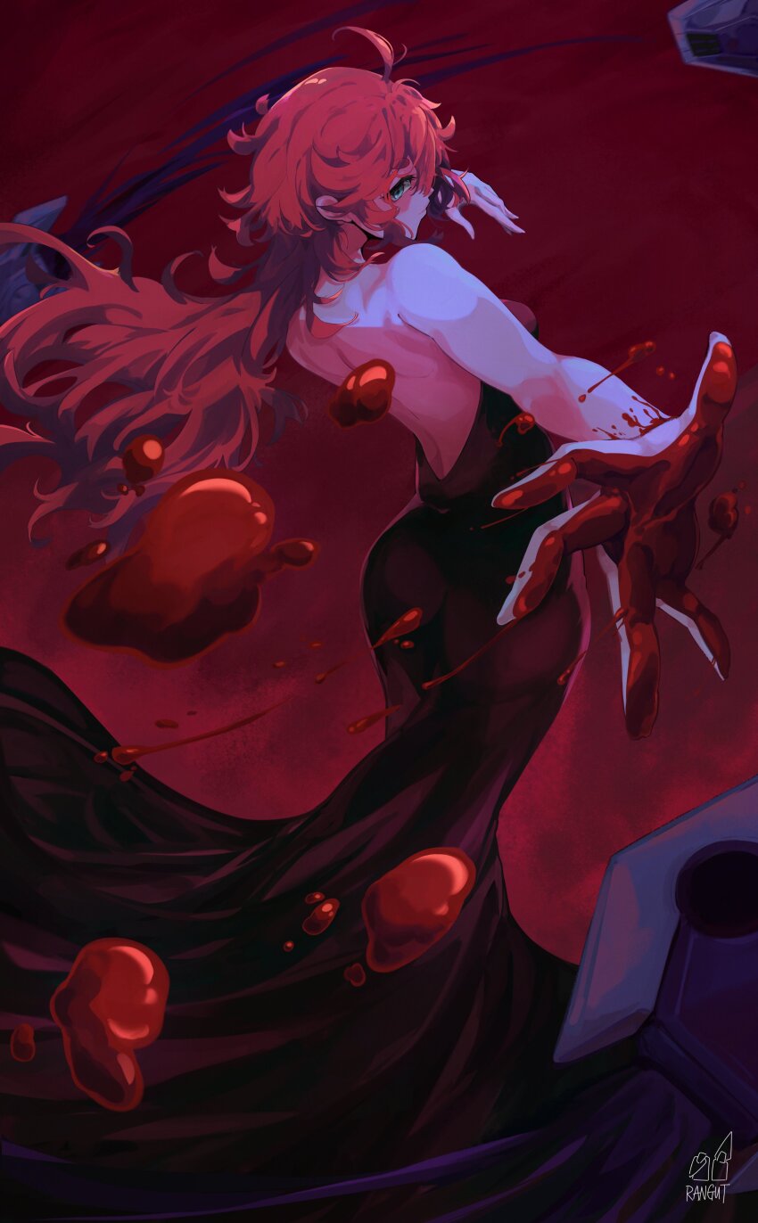 1girl, absurdres, ahoge, aqua_eyes, backless_dress, backless_outfit, bare_shoulders, black_dress