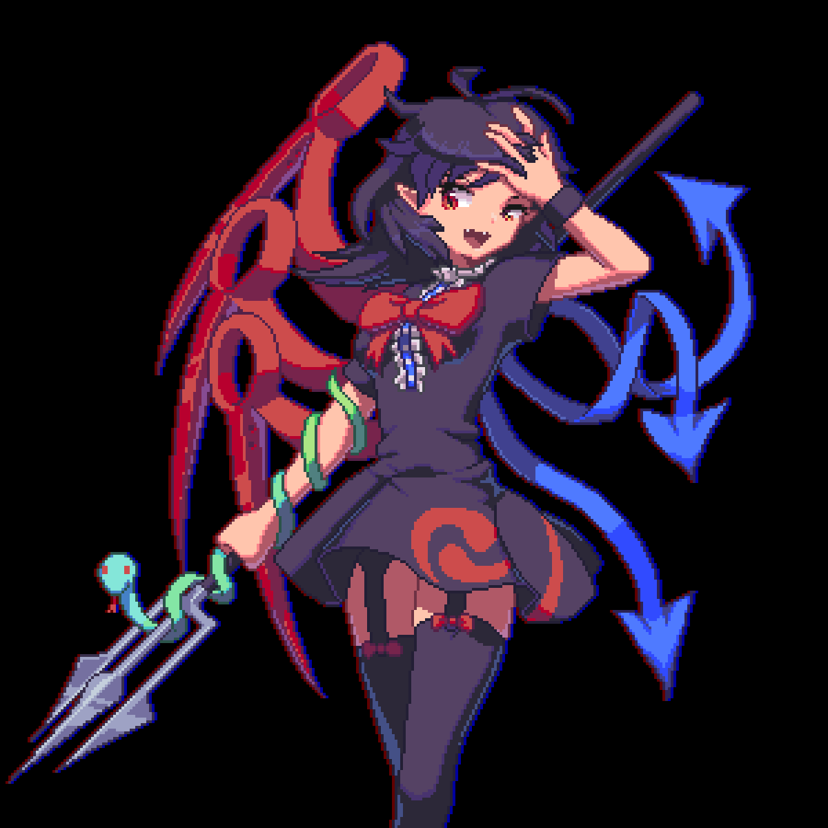 1girl, asymmetrical_wings, black_background, black_hair, black_thighhighs, bow, bowtie, highres