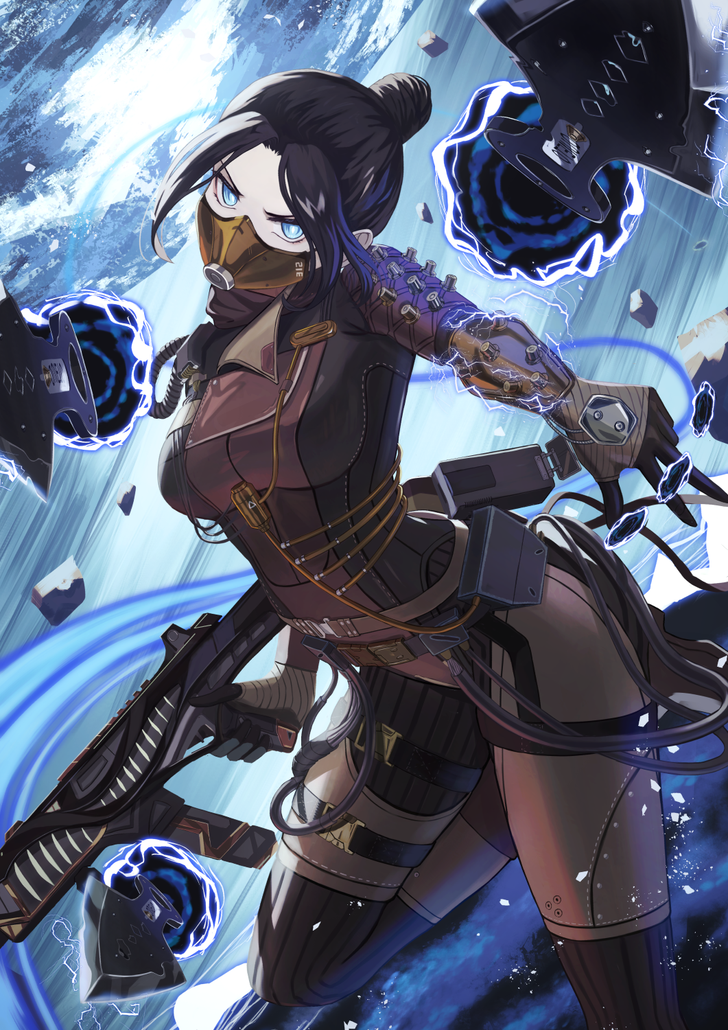 1girl, airship_assassin_wraith, animification, apex_legends, black_gloves, blue_eyes, bodysuit, breasts