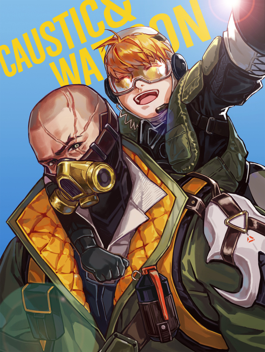1boy, 1girl, ^_^, apex_legends, bald, black_eyes, black_gloves, black_jacket