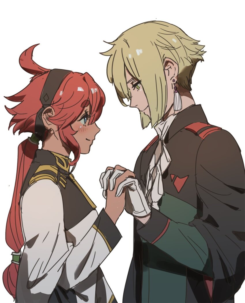 1boy, 1girl, ahoge, ascot, asticassia_school_uniform, black_capelet, black_hairband, blonde_hair