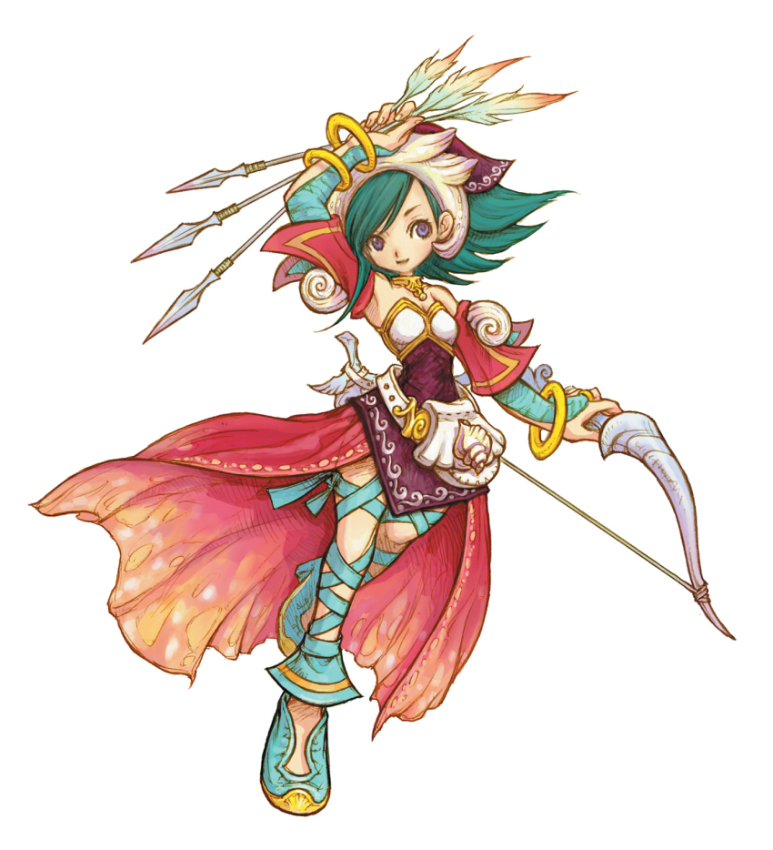 1girl, arrow_(projectile), bow_(weapon), children_of_mana, female_focus, highres, jewelry, lots_of_jewelry, official_art, seiken_densetsu, simple_background, solo, tamber, weapon