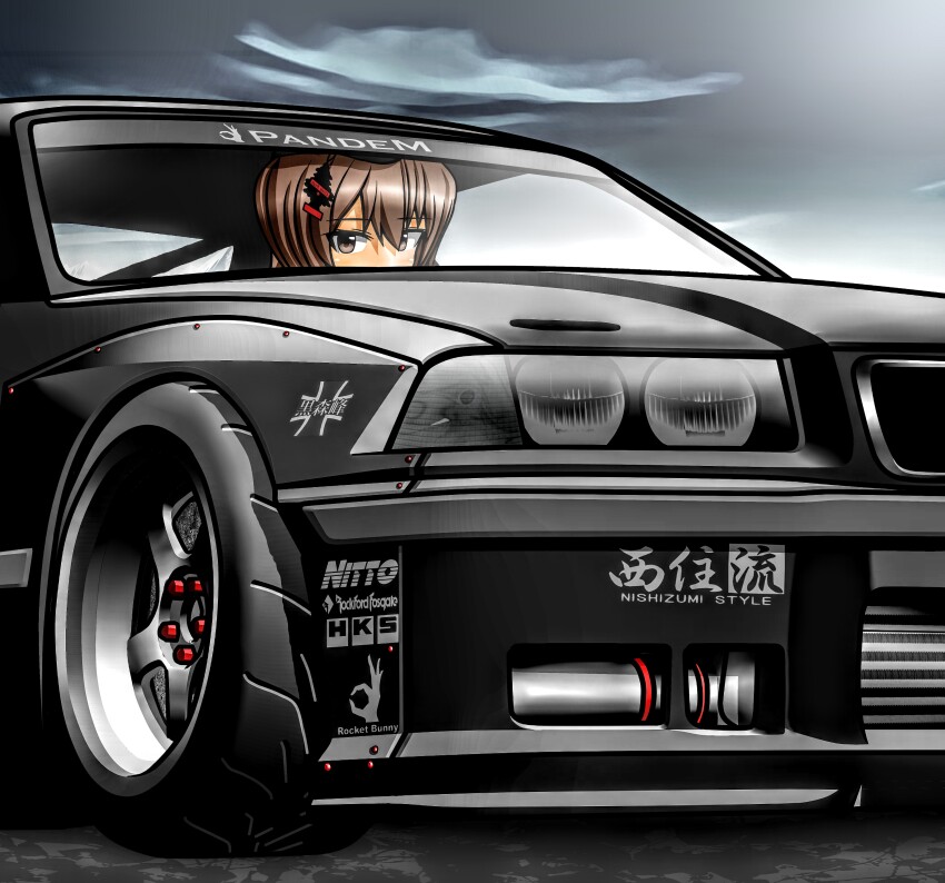 1girl, absurdres, air_freshener, black_hat, bmw_3_series, bmw_e36, bmw_m3, brown_eyes