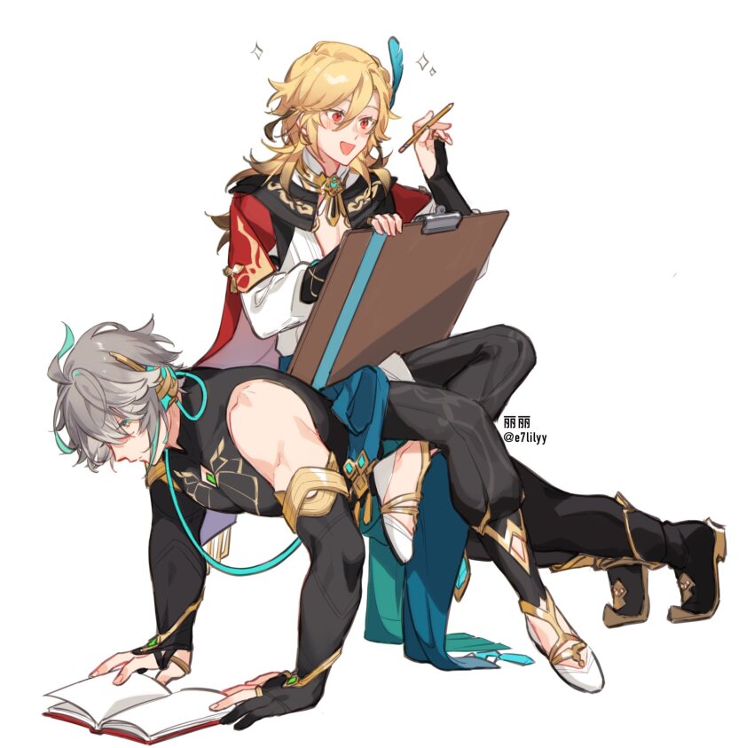 2boys, :d, ahoge, alhaitham_(genshin_impact), alkalilyy, artist_name, black_gloves, black_pants