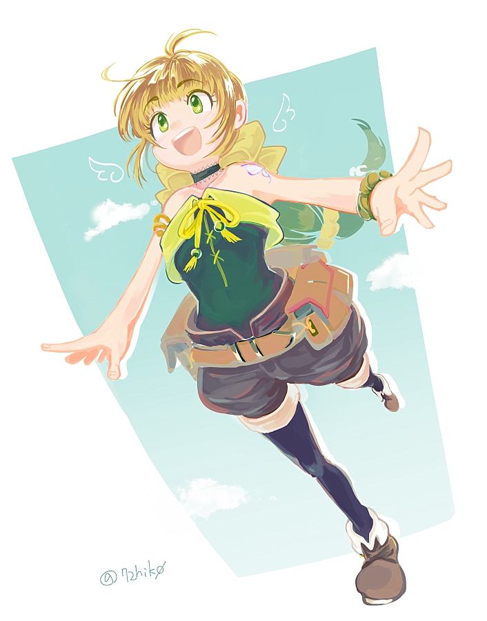 1girl, 72yan, bare_shoulders, blonde_hair, bow, choker, full_body, hair_ribbon