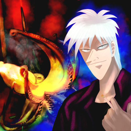 1boy, akagi, akagi:_yami_ni_oritatta_tensai, akagi_shigeru, bad_id, bad_pixiv_id, cigarette, crossover, fukumoto_mahjong, holding, holding_cigarette, lowres, male_focus, octopus, paul_the_octopus, pointy_nose, sakakami_shinobu, solo, white_hair