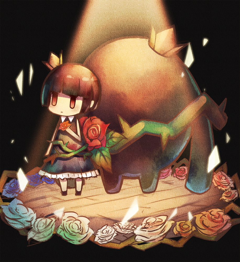 1girl, 1other, black_dress, black_hair, chibi, commentary_request, crown, dress