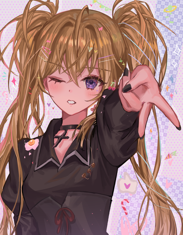 1girl, black_choker, black_dress, black_nails, blonde_hair, blush, choker, collared_dress