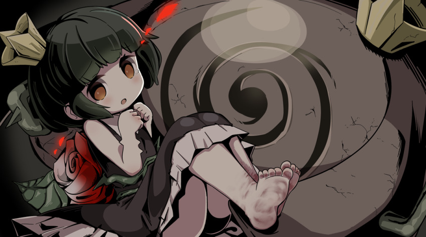 1girl, 1other, bare_shoulders, barefoot, black_dress, black_hair, brown_eyes, carrying