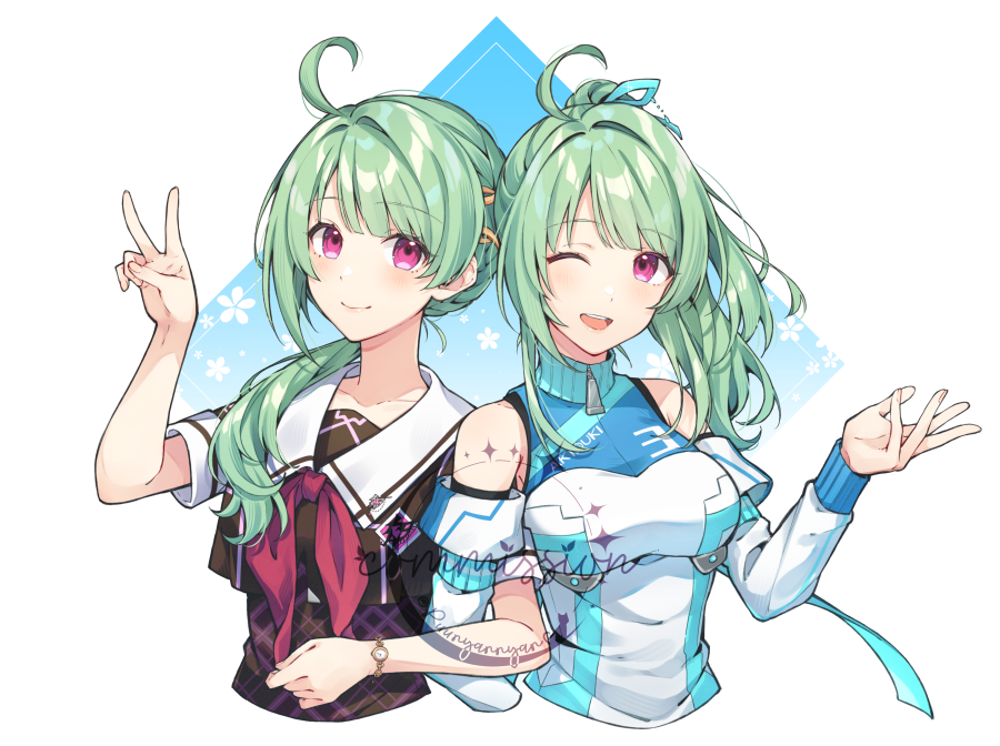 ;d, ahoge, bare_shoulders, black_dress, black_shirt, breasts, character_request, check_character, check_copyright, closed_mouth, commentary, commission, copyright_request, crop_top, cropped_torso, detached_sleeves, dress, english_commentary, green_hair, hair_over_shoulder, hand_up, locked_arms, long_hair, long_sleeves, looking_at_viewer, low_ponytail, medium_breasts, nekketsu_inou_bukatsu-tan_trigger_kiss, one_eye_closed, open_mouth, plaid_clothes, plaid_dress, ponytail, purple_hair, puunyannyan, sendou_futaba, shirt, short_sleeves, smile, upper_body, v, white_dress, white_sleeves