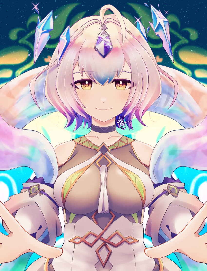 1girl, ahoge, bare_shoulders, blue_hair, blush, bob_cut, bodysuit, breasts, closed_mouth, clothing_cutout, commentary_request, dlllll_lllllb, fire_emblem, fire_emblem_heroes, gem, grey_bodysuit, grey_hair, hair_between_eyes, highres, looking_at_viewer, medium_breasts, multicolored_hair, nintendo, purple_hair, seidr_(fire_emblem), shawl, short_hair, shoulder_cutout, signature, skindentation, smile, solo, yellow_eyes