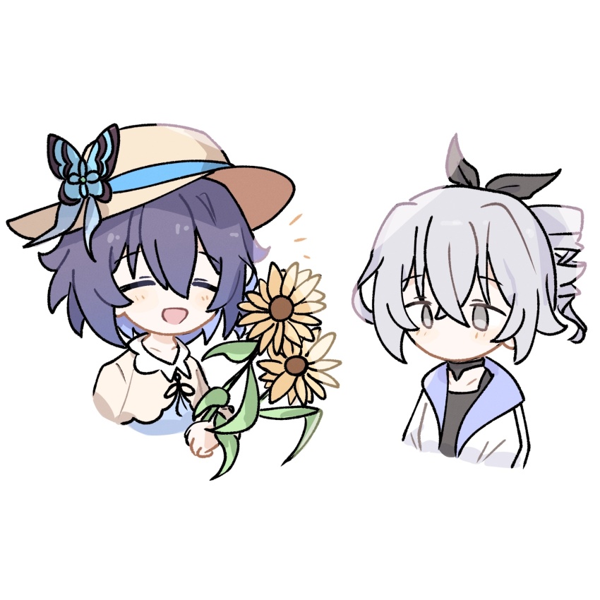 2girls, :d, ^_^, black_hair, black_ribbon, black_shirt, blue_dress, blue_hair