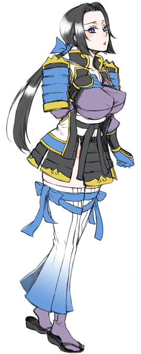 1girl, akechi_mitsuhide_(sengoku_musou), armor, black_hair, blue_eyes, blue_ribbon, breasts, female_focus