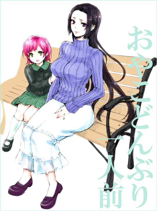 2girls, akechi_mitsuhide_(sengoku_musou), bench, black_hair, female_focus, gender_request, genderswap, green_eyes