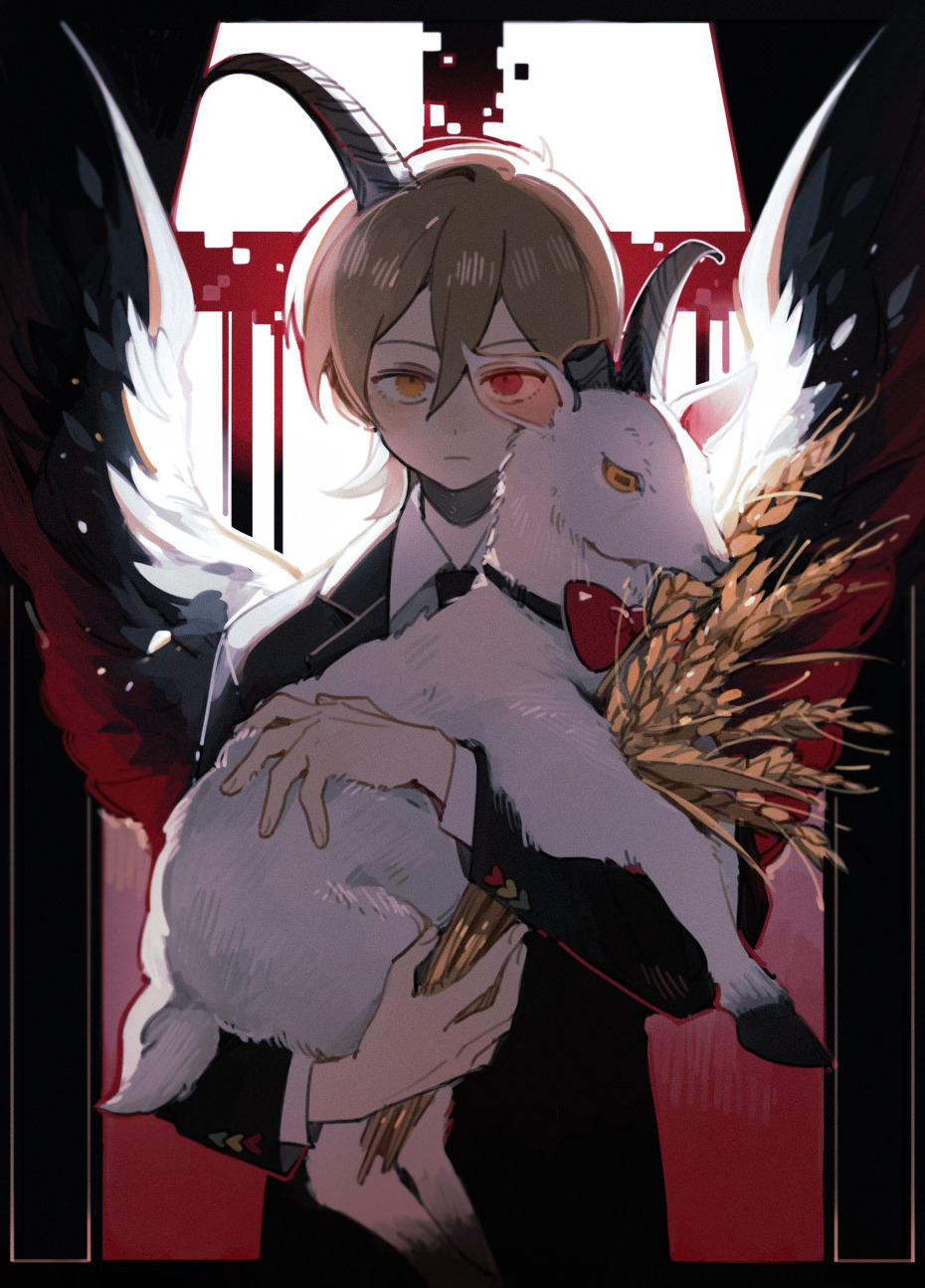 1boy, animal, black_necktie, black_suit, black_wings, bow, closed_mouth, collared_shirt