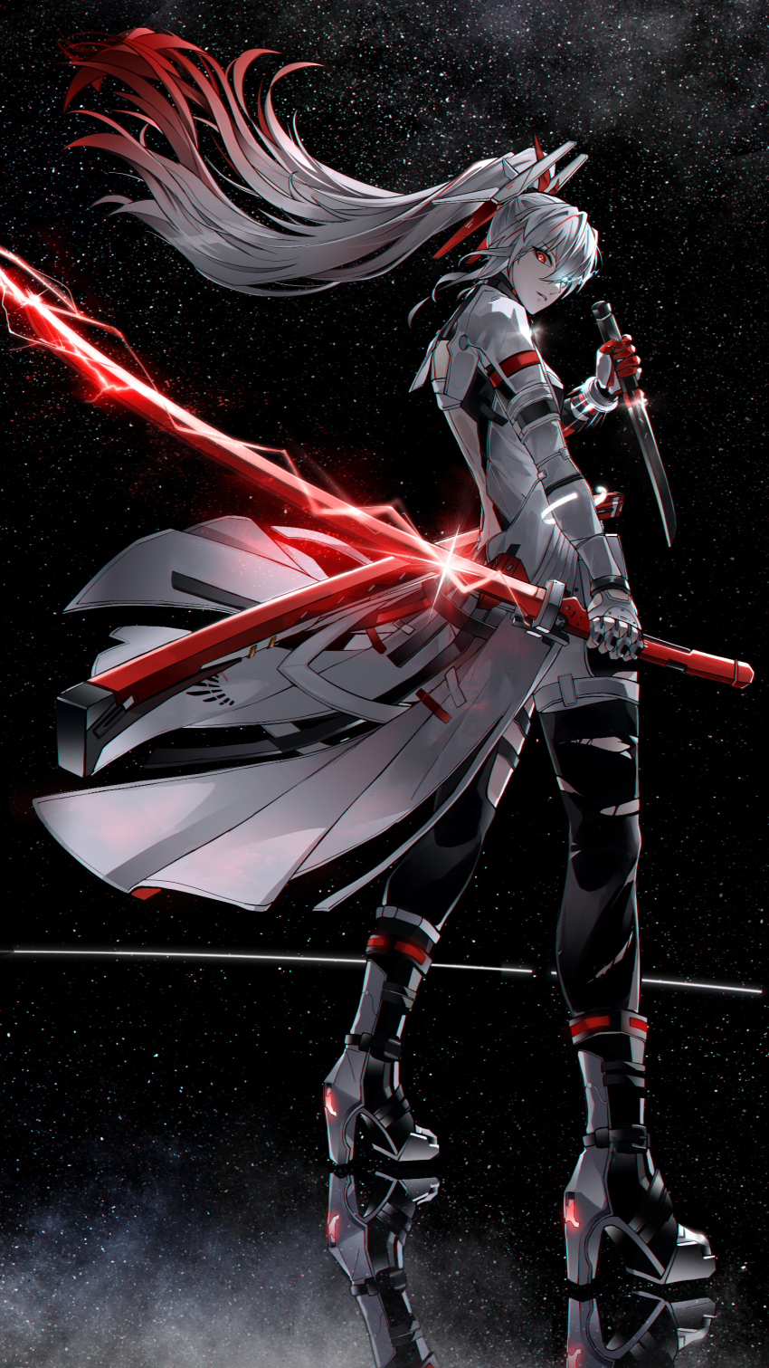 1girl, absurdres, alpha_(pgr), dagger, dual_wielding, flaming_eye, gradient_hair, grey_hair