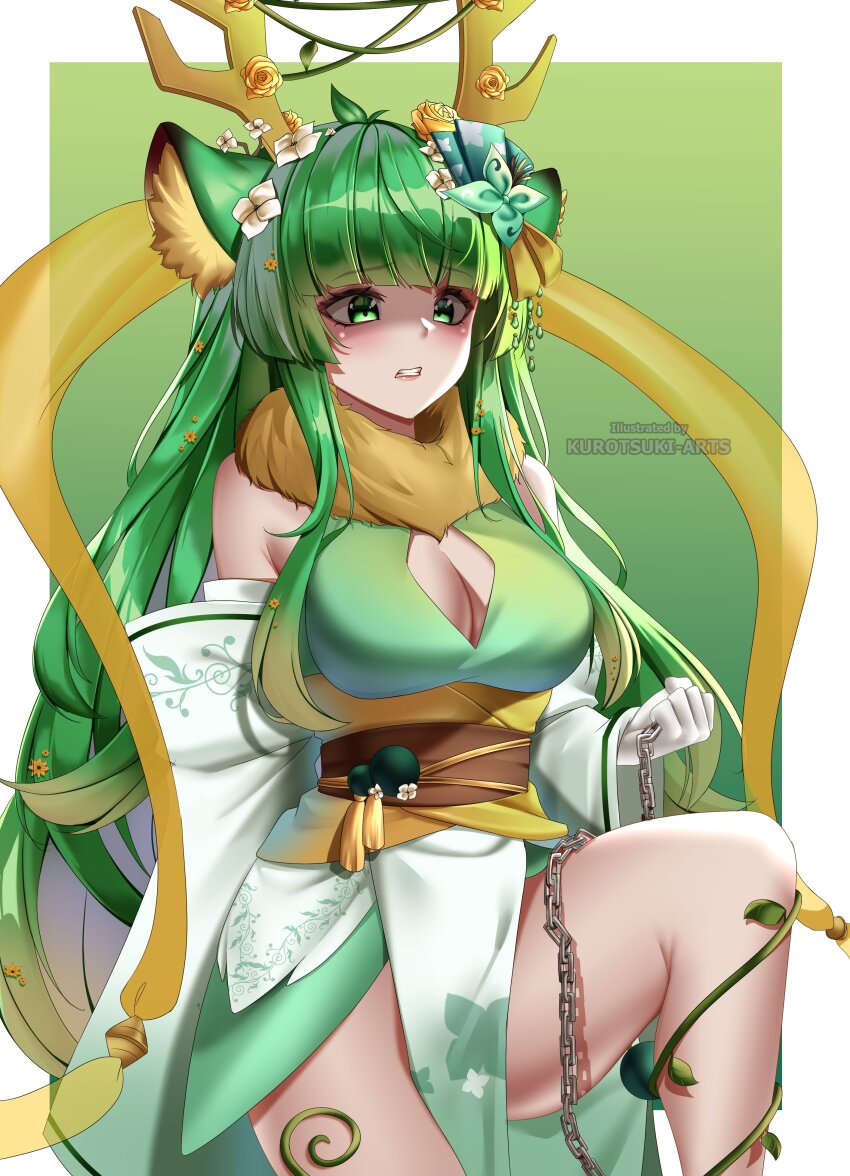 1girl, absurdres, animal_ear_fluff, animal_ears, antler_ornament, antlers, breasts, cleavage