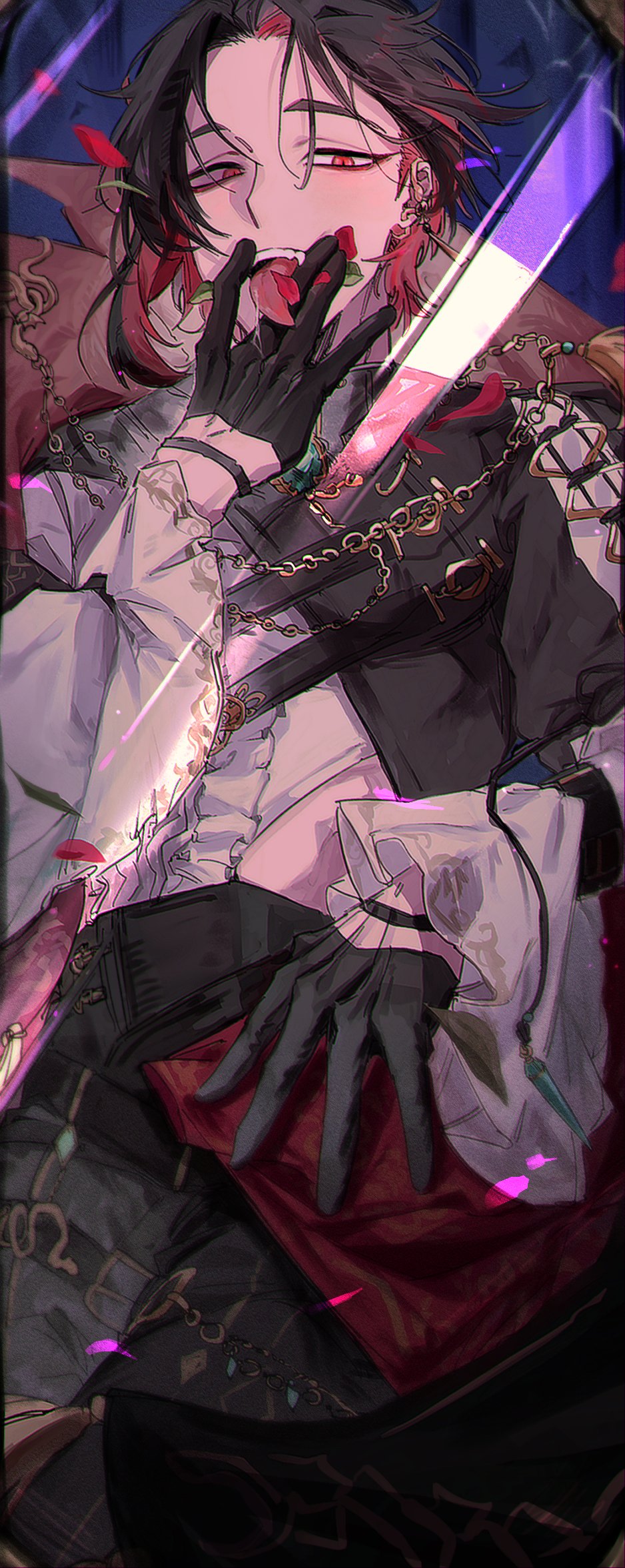 1boy, :p, bishounen, black_gloves, black_pants, brown_hair, colored_inner_hair, ear_piercing