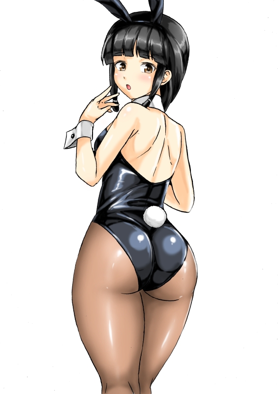 1girl, alternate_costume, animal_ears, ass, black_hair, black_leotard, blunt_bangs, brown_pantyhose