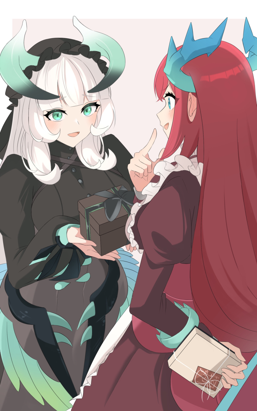 2girls, arm_behind_back, black_dress, blue_eyes, blunt_bangs, chamber_dragonmaid, dragon_girl, dragon_horns