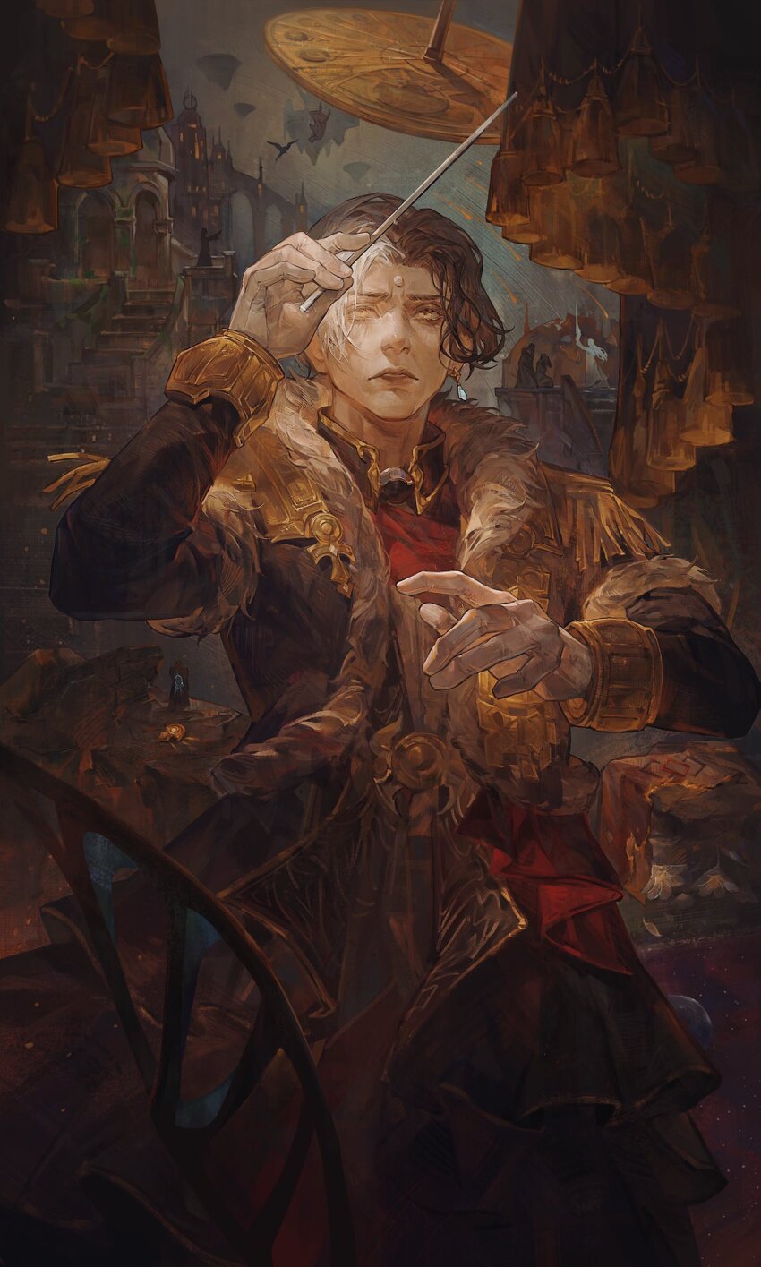 1boy, 1girl, amaurot, arch, bird, black_coat, brown_hair, building