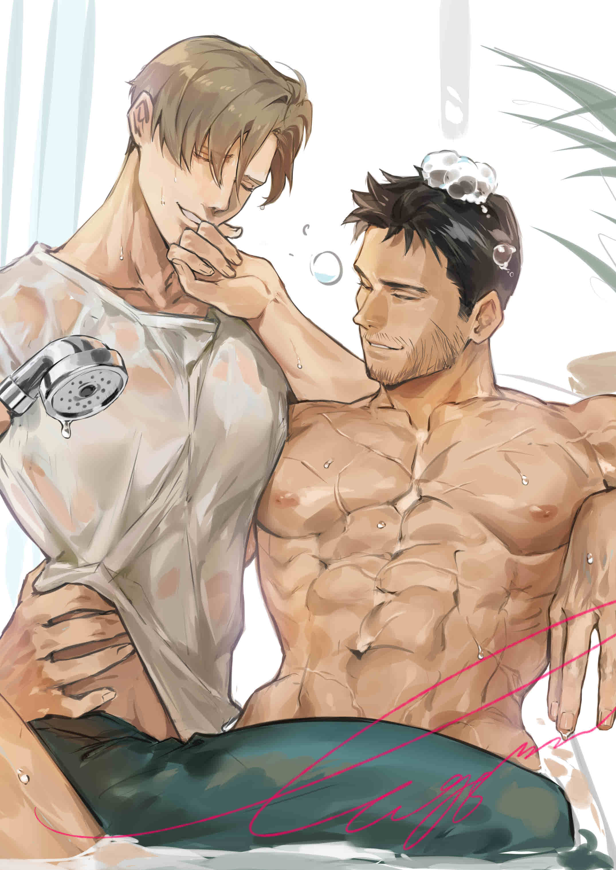 2boys, absurdres, bara, beard, brown_hair, chris_redfield, facial_hair, feet_out_of_frame