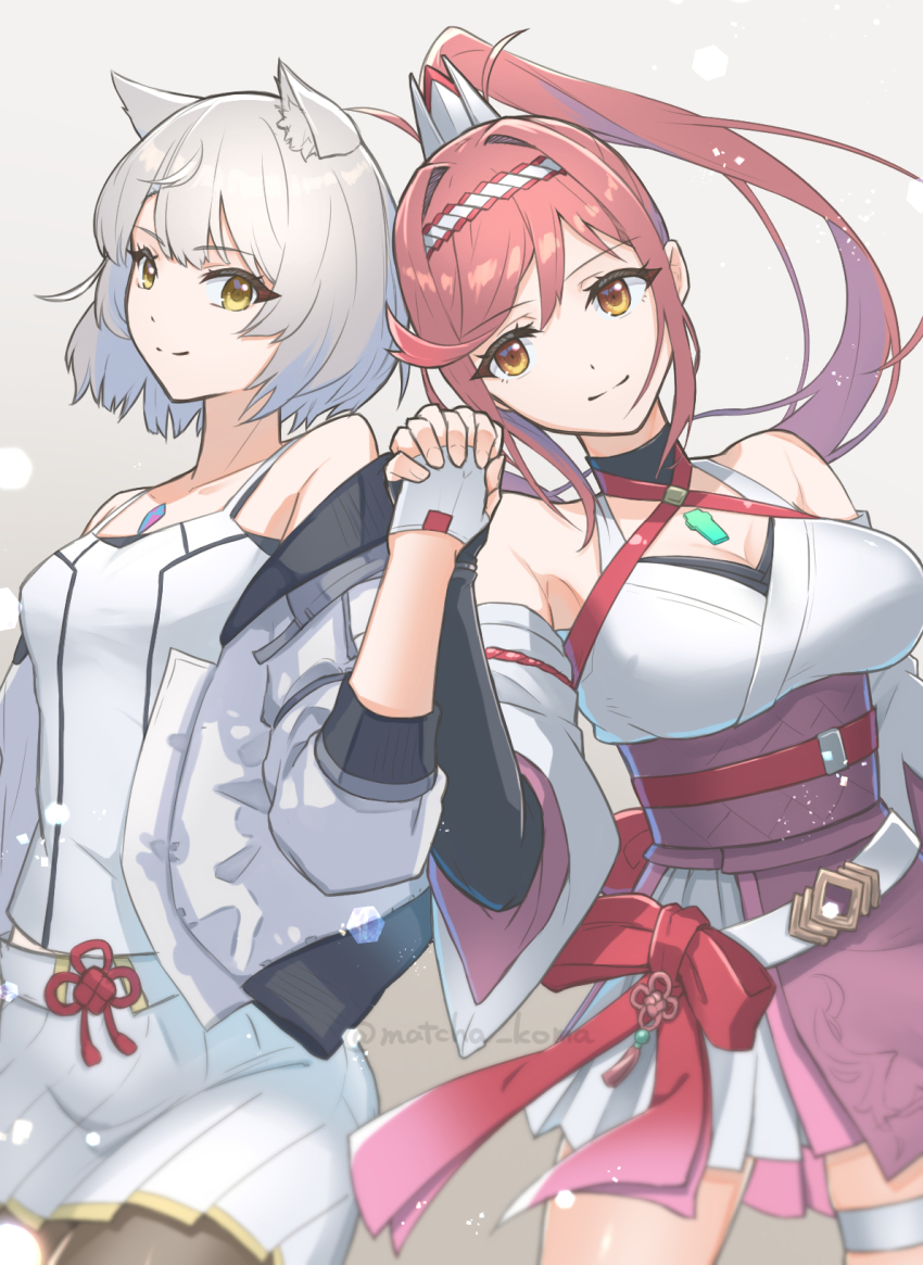 2girls, animal_ears, bare_shoulders, breasts, brown_eyes, camisole, cat_ears, chest_jewel