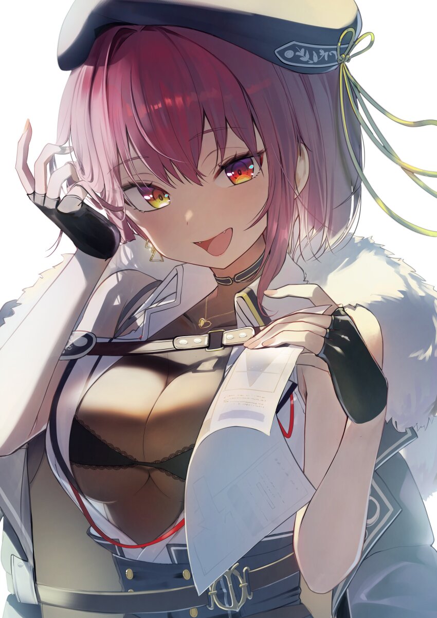 1girl, absurdres, adjusting_hair, bare_shoulders, beret, black_bra, black_gloves, black_hat, bra, breasts, choker, cleavage, fangs, fingerless_gloves, gloves, hat, heterochromia, highres, hololive, houshou_marine, houshou_marine_(businesswoman), jacket, jacket_on_shoulders, jewelry, kamatoyu, large_breasts, looking_at_viewer, necklace, official_art, open_mouth, red_eyes, red_hair, see-through_clothes, short_hair, sleeveless, smile, solo, underwear, virtual_youtuber, yellow_eyes