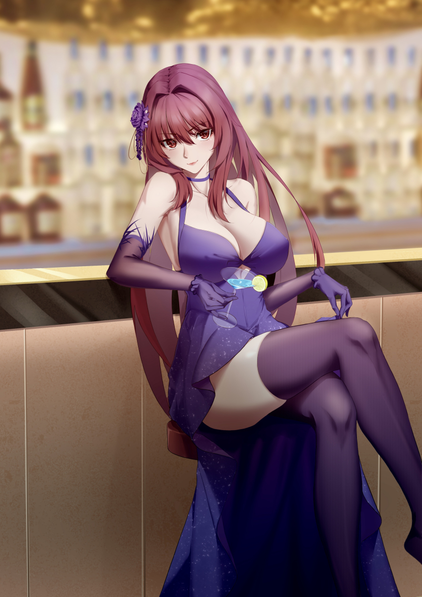 1girl, absurdres, akilv, bar_(place), bar_stool, blurry, blurry_background, breasts