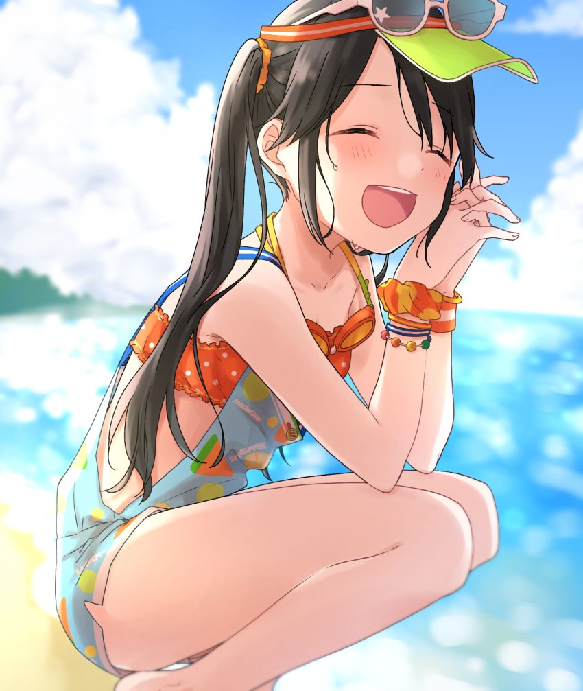 1girl, ^_^, armband, beach, bikini, black_hair, blue_sky, blurry, blurry_background, blush, bow, bracelet, breasts, cleavage, closed_eyes, collarbone, day, dot_nose, eyewear_on_head, forest, frilled_bikini, frills, goggles, goggles_around_neck, hair_bow, highres, idolmaster, idolmaster_shiny_colors, interlocked_fingers, jewelry, long_hair, looking_at_viewer, mitsumine_yuika, nature, ocean, open_mouth, orange_bikini, orange_bow, outdoors, pachiko, pink-framed_eyewear, polka_dot, polka_dot_bikini, rash_guard, scrunchie, sky, small_breasts, smile, solo, squatting, star_(symbol), star_print, sweat, swimsuit, teeth, twintails, visor_cap