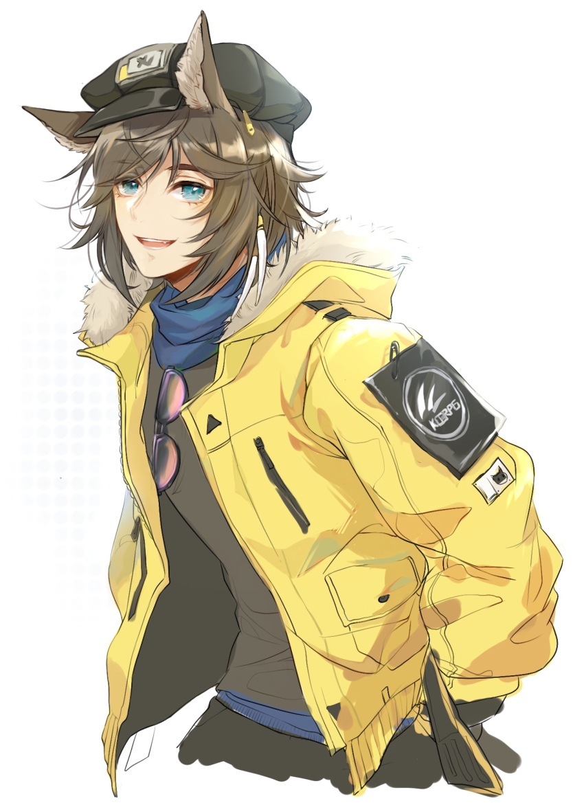 1boy, :d, animal_ear_fluff, animal_ears, arknights, black_hat, black_shirt, blue_eyes