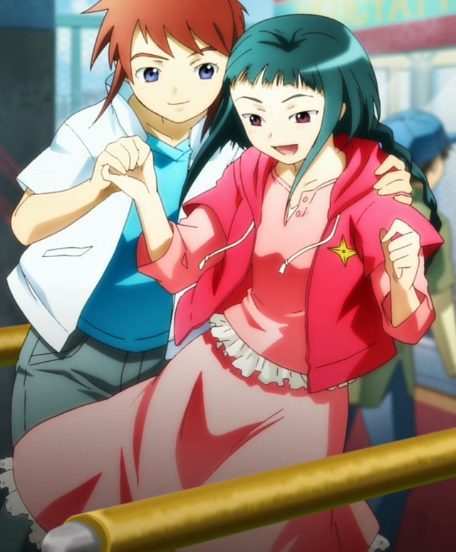 00s, 1boy, 1girl, anime_screenshot, arm_around_shoulder, blue_eyes, braid, brown_hair