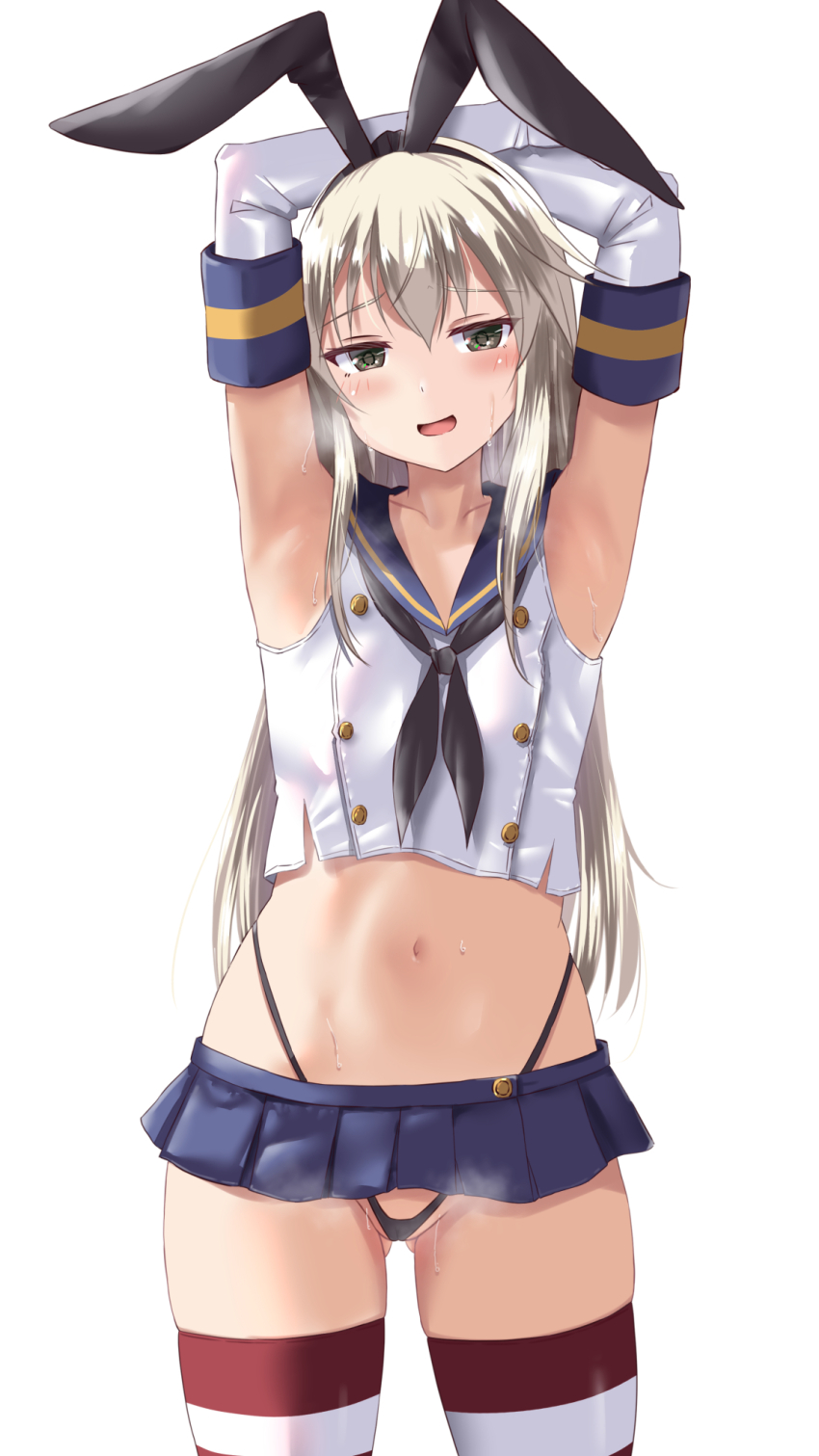1girl, armpits, arms_up, black_hairband, black_neckerchief, black_panties, blonde_hair, blush, breasts, cowboy_shot, crop_top, elbow_gloves, gloves, grey_eyes, hairband, highleg, highleg_panties, highres, kantai_collection, kuroame_(kurinohana), long_hair, looking_at_viewer, microskirt, navel, neckerchief, panties, sailor_collar, shimakaze_(kancolle), shirt, simple_background, skirt, sleeveless, sleeveless_shirt, small_breasts, solo, striped_clothes, striped_thighhighs, thighhighs, underwear, white_background, white_gloves