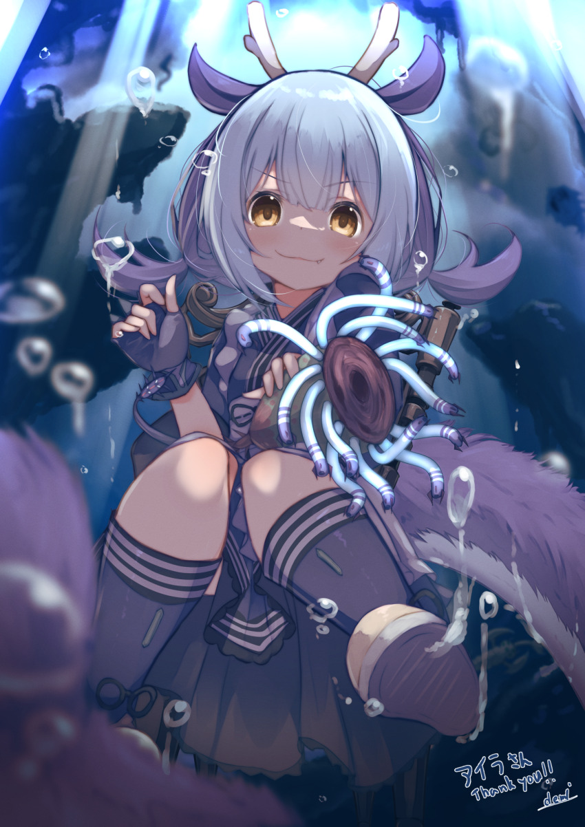 1girl, animal_ears, black_gloves, black_socks, blue_hair, blue_kimono, blurry, blurry_foreground