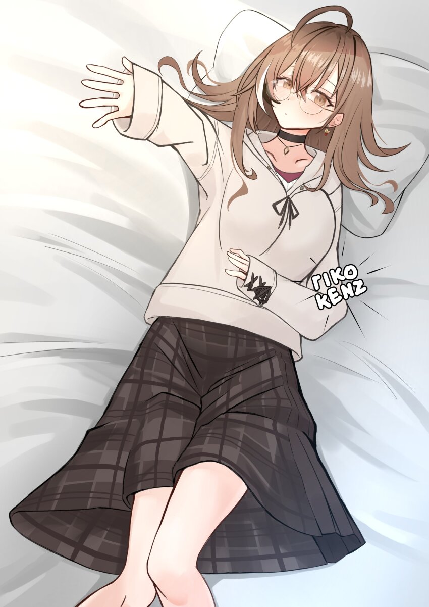 absurdres, artist_name, berry, black_choker, breasts, brown_hoodie, brown_skirt, casual, choker, earrings, food-themed_earrings, glasses, hair_down, hand_up, high_tops, highres, holocouncil, hololive, hololive_english, hood, hoodie, jewelry, large_breasts, long_hair, long_skirt, nanashi_mumei, necklace, on_bed, oversized_clothes, plaid_clothes, plaid_skirt, red_shirt, rikokenz, round_eyewear, shirt, shoes, skirt, sneakers, sweater, virtual_youtuber, white_sweater