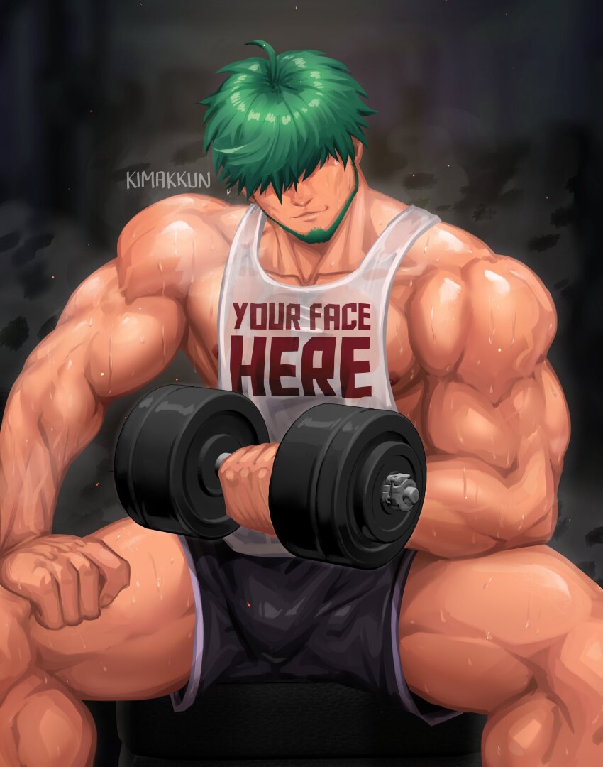 1boy, absurdres, artist_name, bara, black_shorts, closed_mouth, dumbbell, exercising