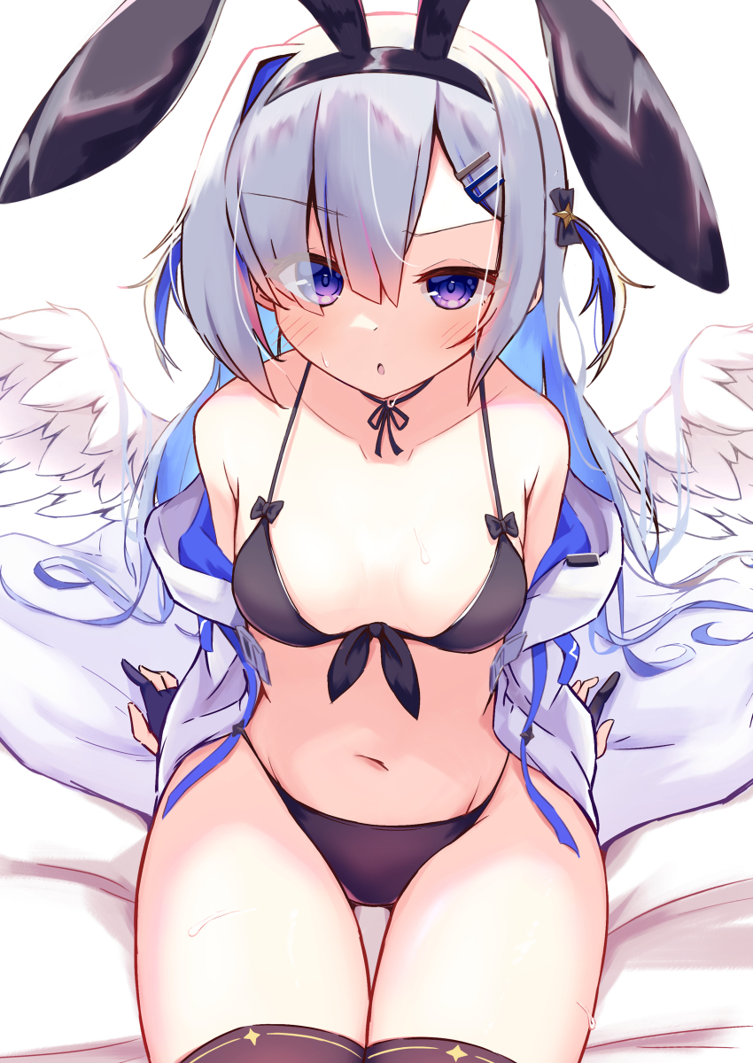 1girl, absurdres, amane_kanata, amane_kanata_(work), angel, angel_wings, animal_ears, batarop, bikini, black_bikini, black_choker, black_gloves, black_thighhighs, blue_eyes, blue_hair, blush, breasts, choker, fake_animal_ears, feathered_wings, feathers, gloves, grey_hair, highres, hololive, jacket, long_hair, looking_at_viewer, multicolored_hair, navel, partially_fingerless_gloves, rabbit, small_breasts, solo, streaked_hair, string_choker, swimsuit, thighhighs, virtual_youtuber, white_jacket, wings