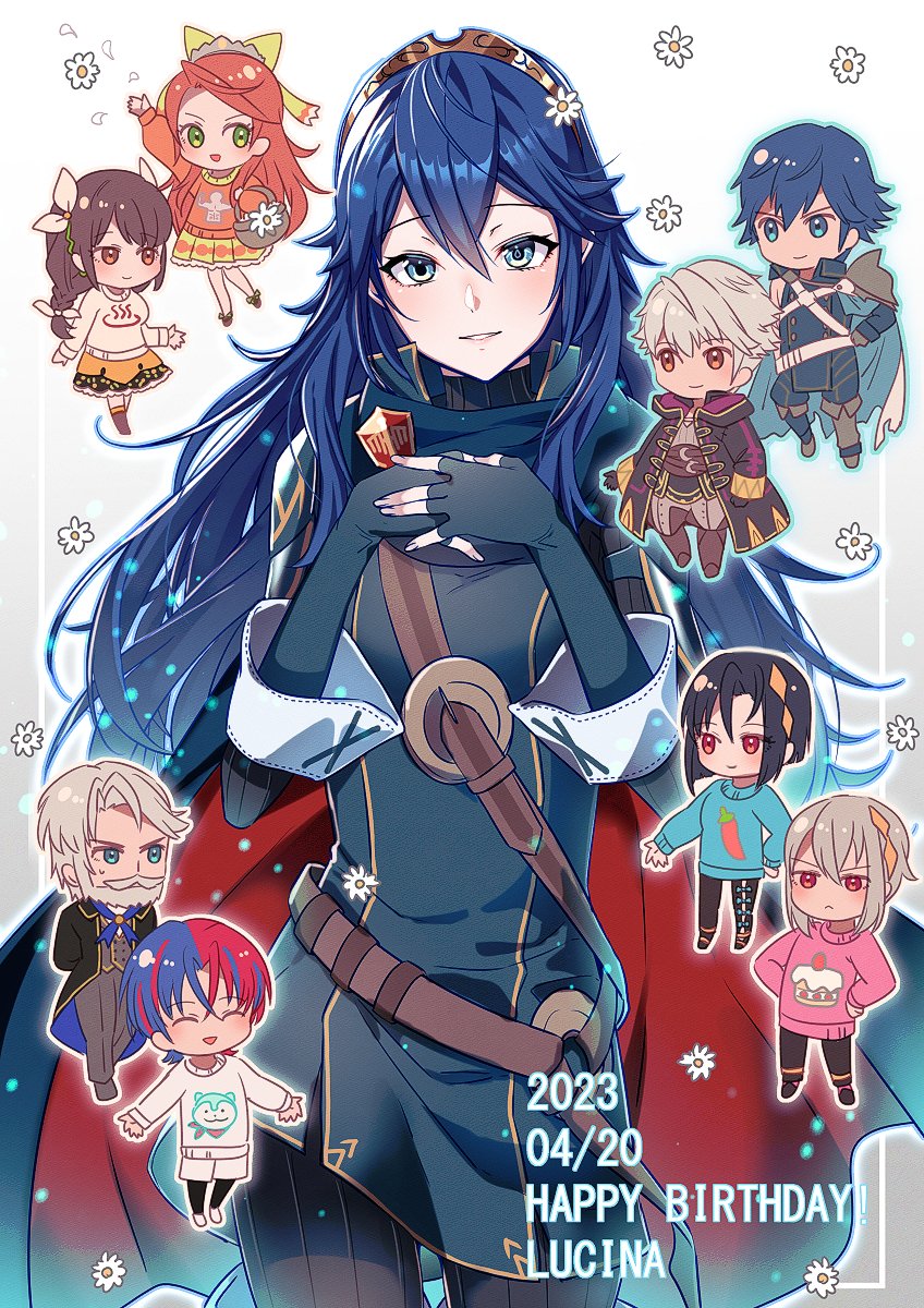2023, 4girls, 5boys, alternate_costume, ameno_(a_meno0), armor, basket, beard, belt, black_hair, black_jacket, black_pants, black_robe, black_sweater, blue_cape, blue_eyes, blue_gloves, blue_hair, blue_sweater, blush, bow, braid, brother_and_sister, brown_belt, brown_eyes, brown_hair, cape, character_name, character_print, chibi, chrom_(fire_emblem), closed_eyes, closed_mouth, commentary_request, elbow_carry, emblem_(fire_emblem_engage), etie_(fire_emblem), facial_hair, fingerless_gloves, fingernails, fire_emblem, fire_emblem_awakening, fire_emblem_engage, flower, formal_clothes, gloves, goldmary_(fire_emblem), green_bow, green_eyes, green_skirt, grin, hair_between_eyes, hair_bow, hands_on_own_chest, hands_on_own_hips, happy_birthday, head_tilt, highres, holding, holding_basket, hood, hood_down, hooded_robe, jacket, jewelry, long_hair, looking_at_viewer, lucina_(fire_emblem), male_alear_(fire_emblem), male_robin_(emblem)_(fire_emblem), male_robin_(fire_emblem), multicolored_hair, multiple_boys, multiple_girls, nel_(fire_emblem), nil_(fire_emblem), nintendo, orange_hair, orange_sweater, pants, pink_sweater, red_cape, red_eyes, red_hair, robe, short_hair, shorts, shoulder_armor, siblings, skirt, smile, sommie_(fire_emblem), split-color_hair, suit, sweatdrop, sweater, tiara, turtleneck, turtleneck_sweater, two-tone_cape, two-tone_hair, vander_(fire_emblem), white_bow, white_cape, white_flower, white_hair, white_shorts, white_sweater