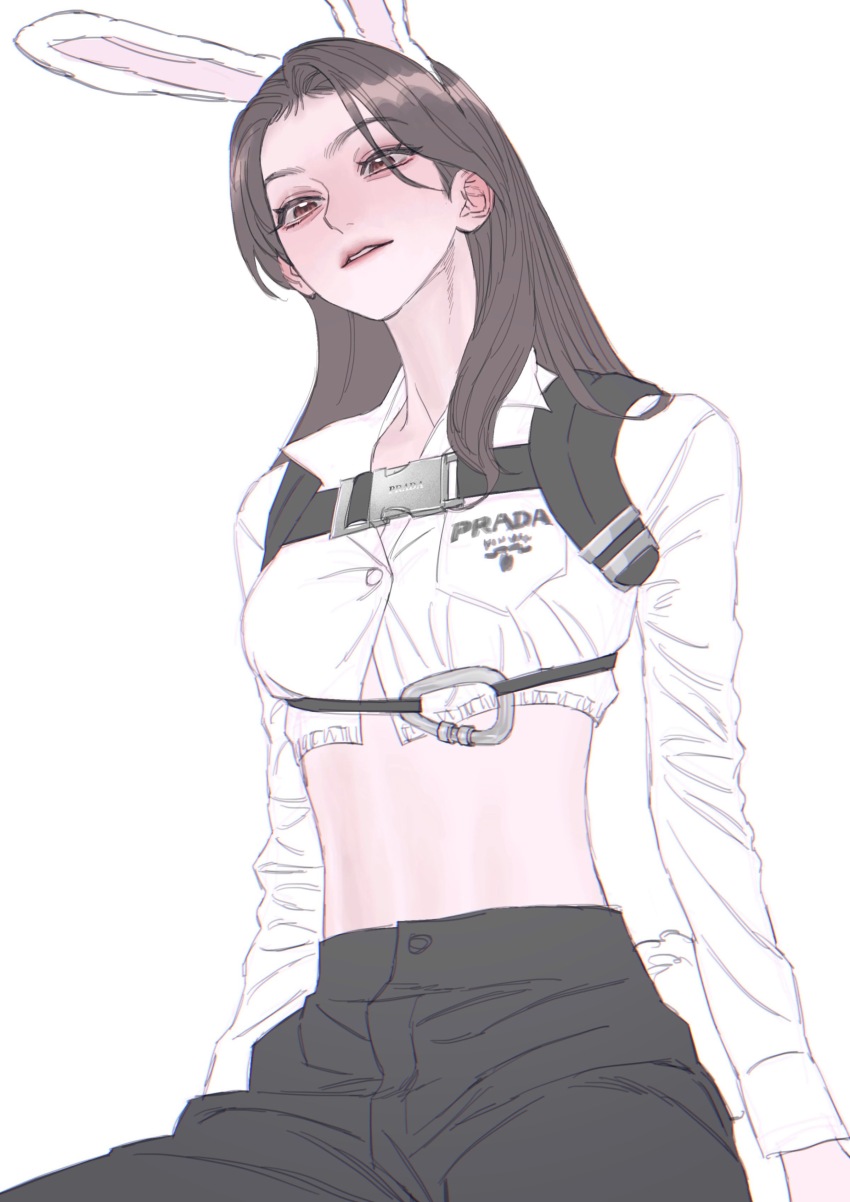 1girl, absurdres, animal_ears, animification, black_pants, breasts, brown_eyes, chest_harness