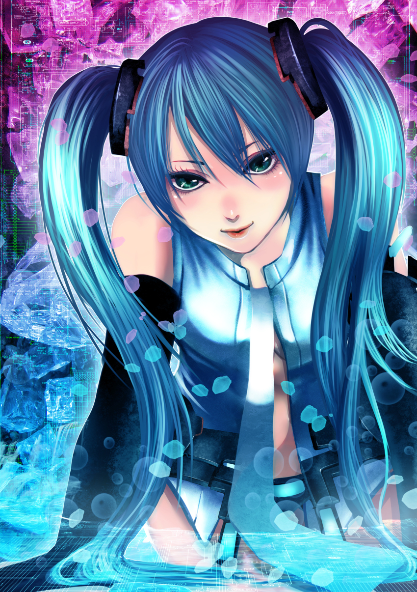 1girl, absurdres, aqua_hair, asahi_man'you, asahi_manyou, blush, female_focus, green_eyes, hatsune_miku, hatsune_miku_(append), highres, lips, long_hair, necktie, solo, twintails, vocaloid, vocaloid_append