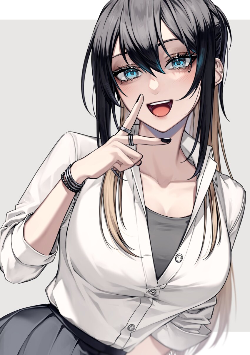 1girl, absurdres, black_hair, black_nails, blonde_hair, blue_eyes, blue_hair, commentary