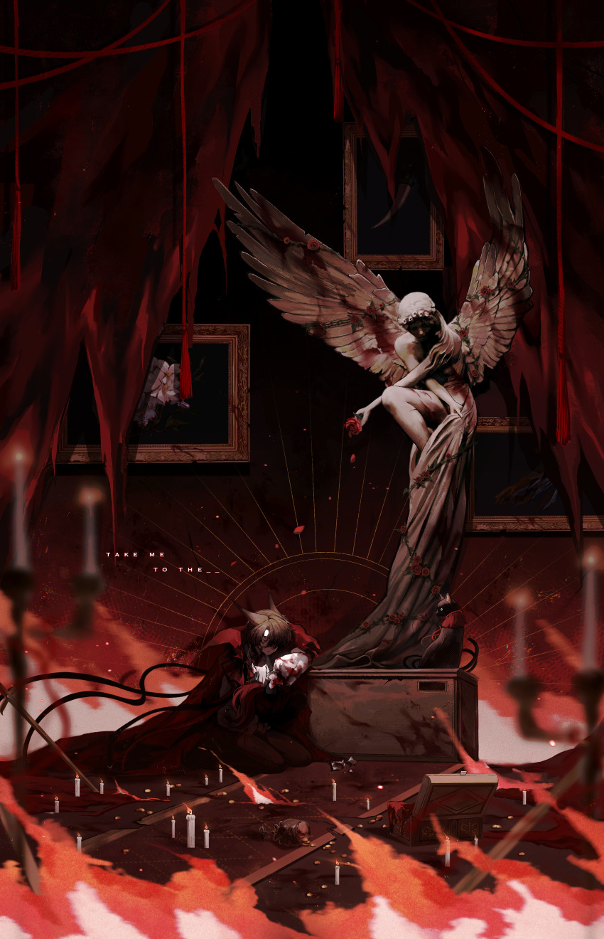 1boy, absurdres, angel_statue, animal_ears, arknights, black_gloves, black_hat, black_pants